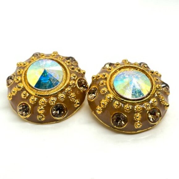 VINTAGE BLANCA AURORA BOREALIS RIVOLI ENAMEL GOLD TONE CLIP EARRINGS SIGNED - Picture 8 of 16
